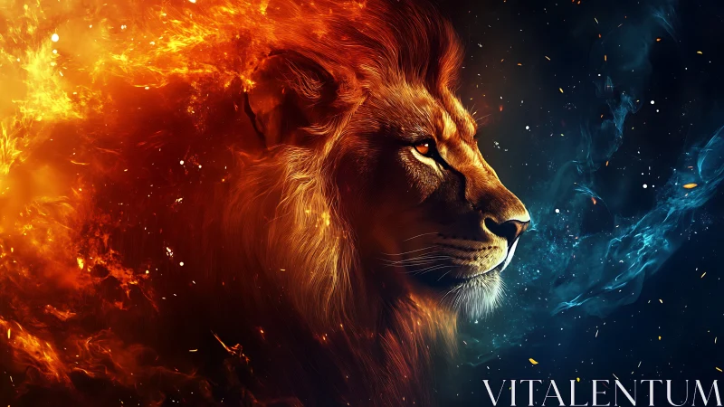 Solar storm lion between fire and cosmic frost.