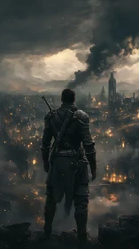 Armored sentinel surveying firelit post-siege fantasy metropolis.