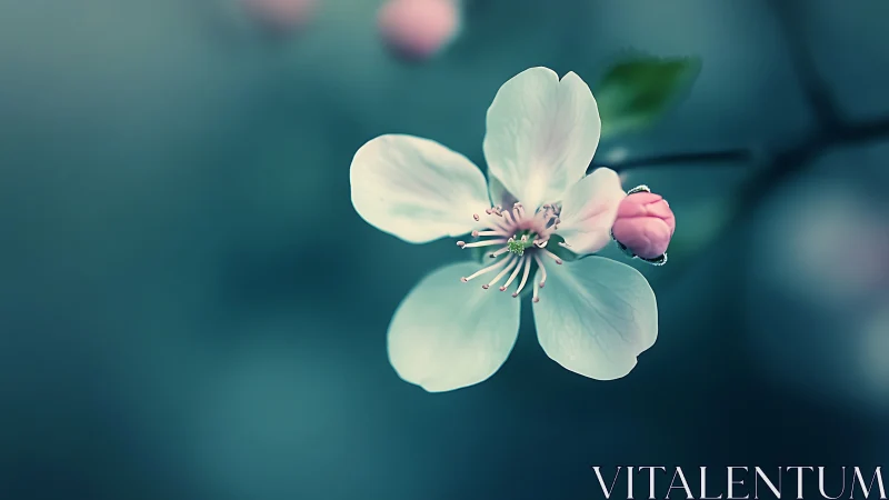 Delicate White Flower with Pink Bud Against Soft Blue Background.