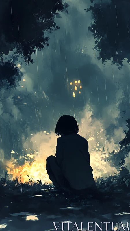 Rain-soaked watcher before distant burning windows of wonder.