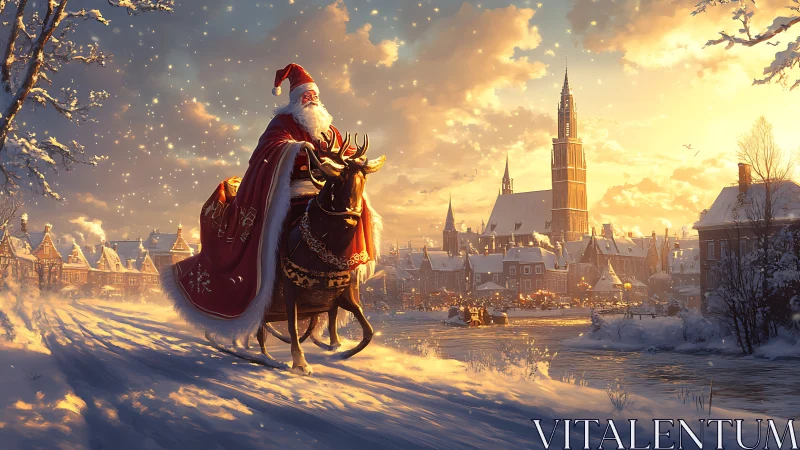 Santa rides through a golden dusk over snowy canal town.