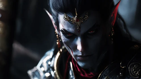 Vampiric elf warlord with obsidian armor and bloodlit gaze.