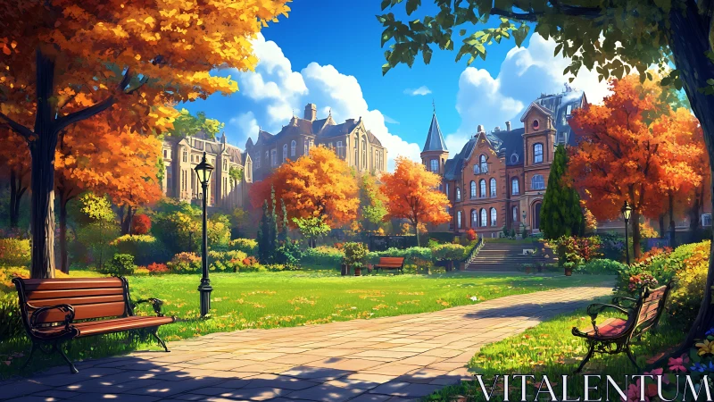 Autumnal campus quadrangle with neo-gothic brick residences.