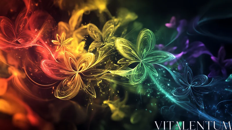 Glowing rainbow blossoms swirling through cosmic night.