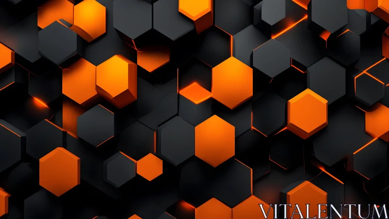 Futuristic Black and Orange Hexagonal 3D Pattern Digital Art.
