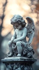 Marble cherub statue rests in soft, golden twilight glow