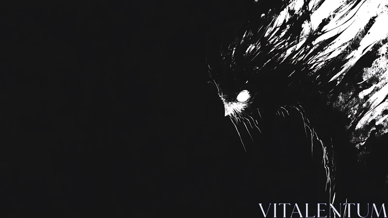 Dark abstract monster silhouette with glowing eye profile.