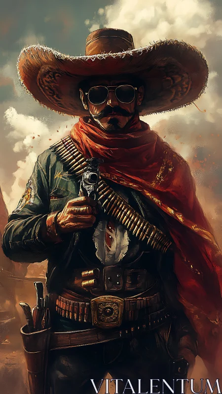 Revolutionary gunslinger with sombrero and red scarf stands poised.