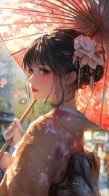 Young woman in kimono holds parasol under soft backlight