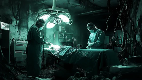 Cyberpunk surgical theater in bio-corrupted operating chamber.