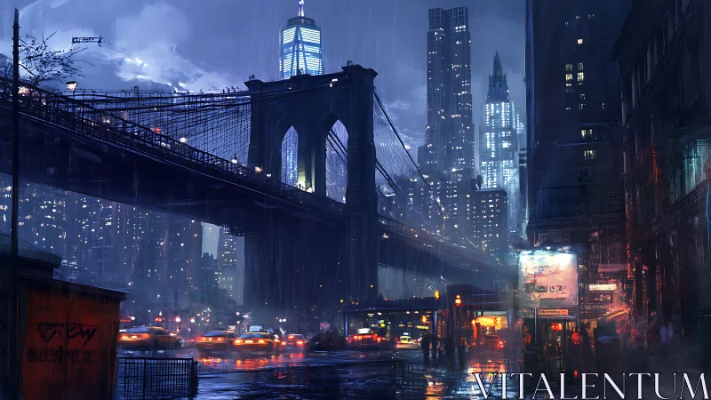 Rainy bridge and city skyline viewed over busy night traffic