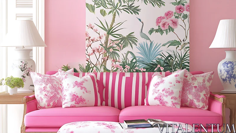 Pink salon daydream with tropical blooms and crane whispers.