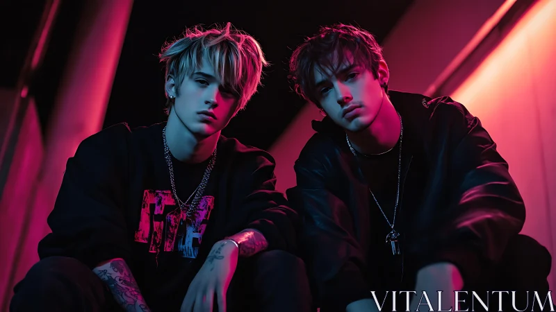 Neon city night with two moody friends in bold color glow.