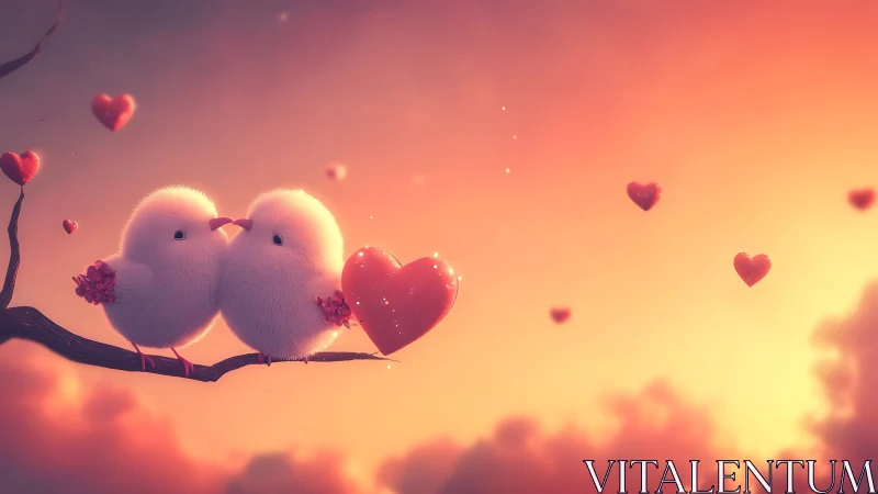 Two fluffy birds with heart elements suspended in warm gradient sunset sky