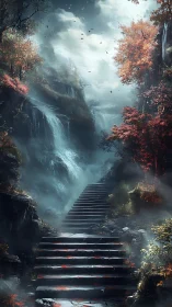 Mystic stone stairway rises through misted waterfall gorge.