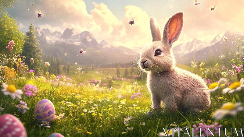 Daydreaming meadow bunny guards candy-bright Easter eggs.