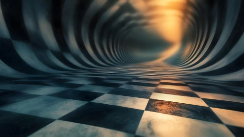Surreal checkered tunnel with glowing light and abstract patterns.