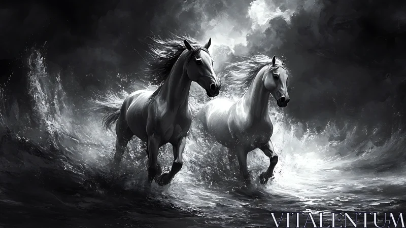 Dynamic monochrome equine study in storm-swept surf motion.