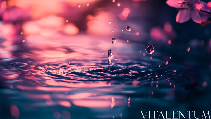 Water droplet impact with pink bokeh floral backdrop.