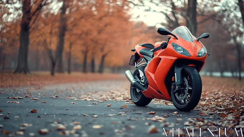 Sport motorcycle on leaf-strewn autumn avenue in soft focus.