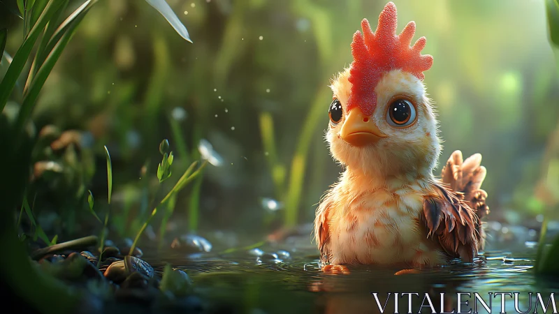 Animated Rooster in Water With Red Crest and Blue Eyes.