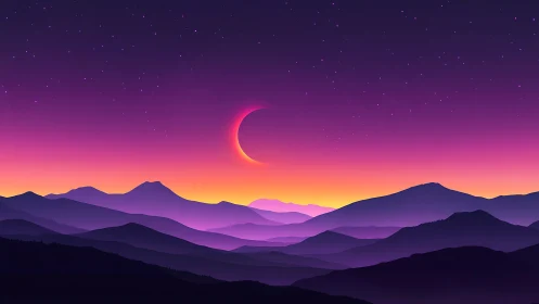 Dreamy crescent moon glows over violet and gold mountains