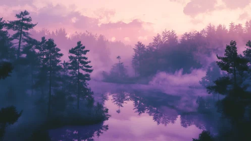 Misty Forest Lake at Dawn with Evergreen Trees and Pink Sky