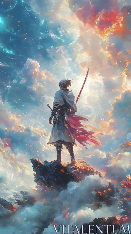 Celestial samurai sentinel on crag above bifurcated sky