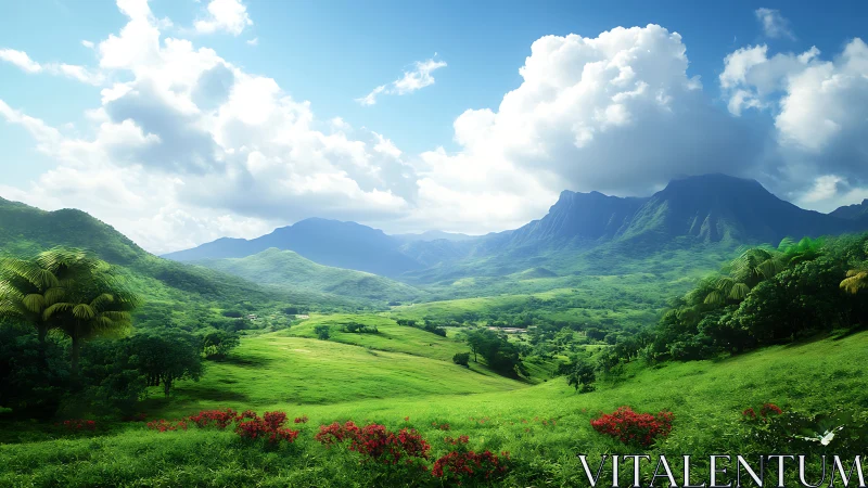 Sunlit tropical valley unfolds below dramatic blue mountains