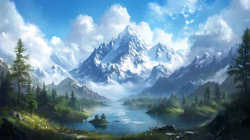 Snowcapped alpine peaks rise over reflective mountain lake.