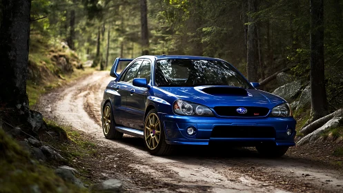 Rally blue legend prowls a forest track in golden hush.