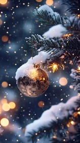 Snowy Christmas ornament glowing on a peaceful winter tree.