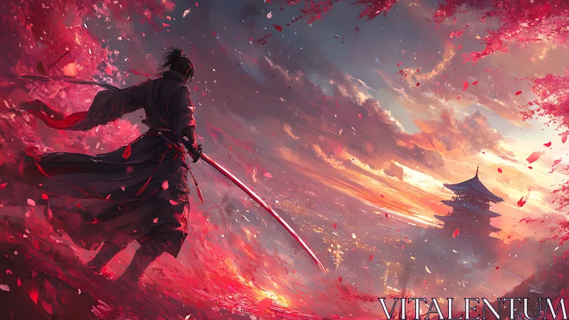 Samurai silhouette on crimson hillside facing distant pagoda.