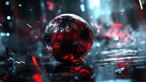 Glowing red soccer ball resting on a neon lit wet street.