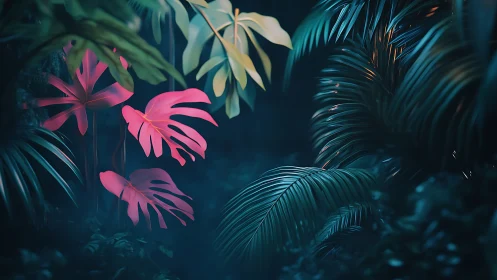 Digital foliage scene isolates pink leaves against dark jungle