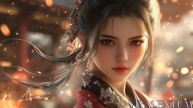Cinematic digital portrait of elegant woman in hanfu, bokeh embers