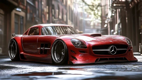 Photorealistic low-slung sports coupe in urban street scene.