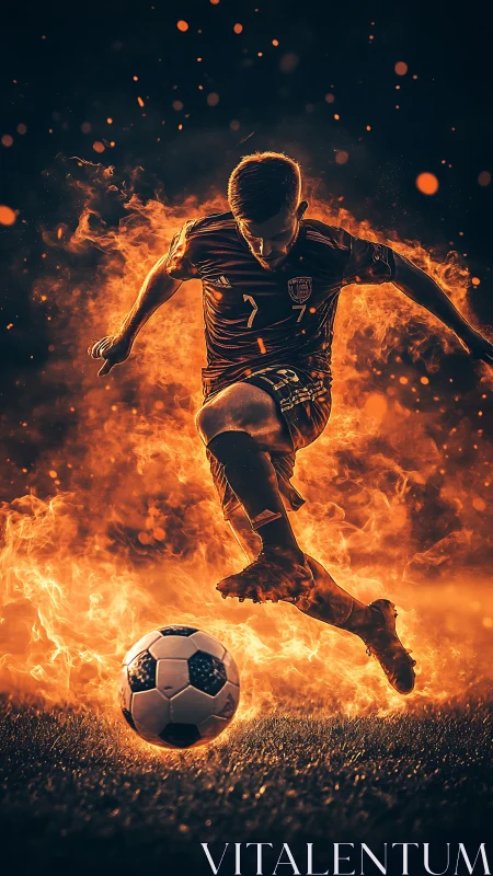 Flame-footed striker hammers a blazing shot through darkness.