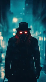 Mysterious red-eyed figure haunts a neon-drenched city alley