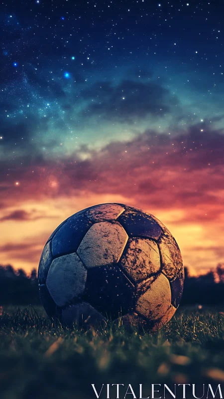 Weathered football under astrophotographic twilight sky.