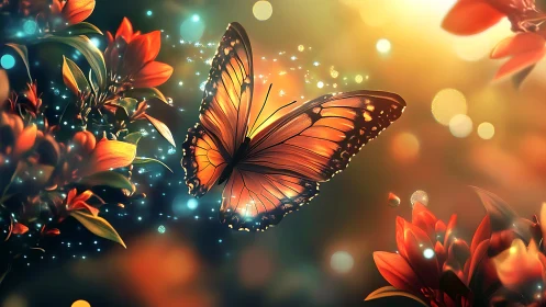 Glowing orange butterfly drifts through dreamy floral light.