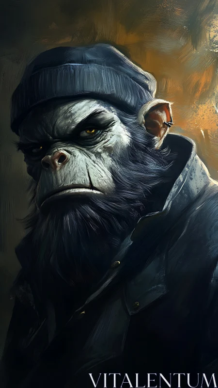 Anthropomorphic ape in dark coat and beanie, side profile.