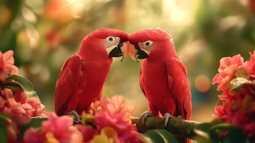 Vibrant red parrots on a branch surrounded by tropical flowers, soft light.