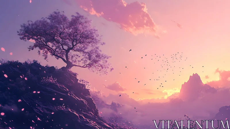 Solitary blossom tree over lavender mountains at dusk.