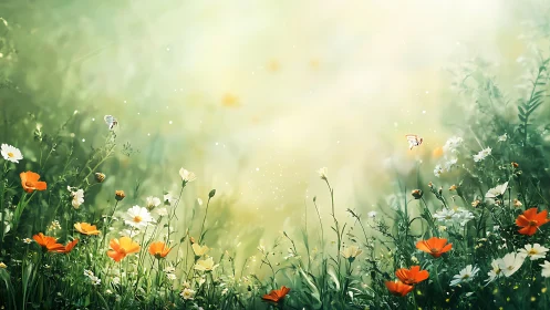 Wild flowers with daisies, calendulas bloom in soft green meadow.