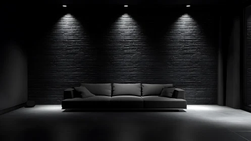 Minimalist black sofa set against dark brick wall