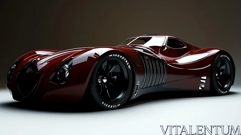 Streamlined burgundy concept car exhibits extreme aerodynamic surfacing