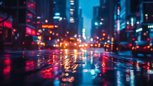 Wet city street surface reflects defocused night traffic lights