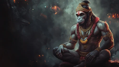 Digital painting of divine simian warrior in meditative pose.