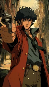 Grim alley gunslinger in crimson coat holds fate steady.